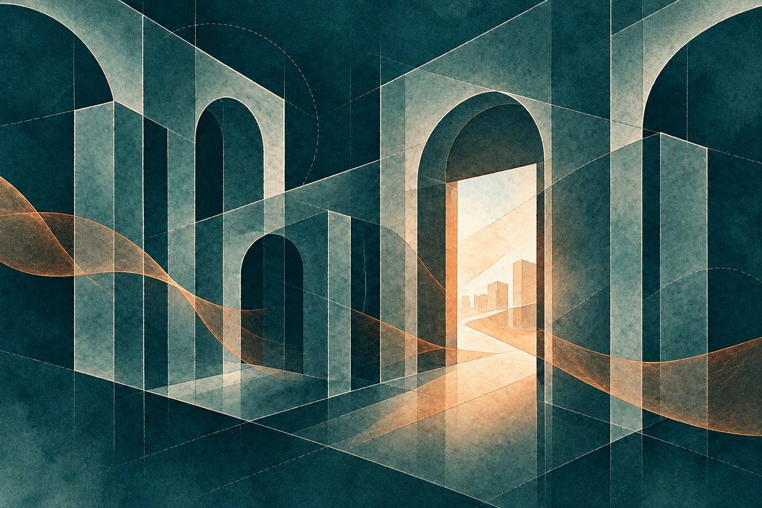 An open passage through layered arches represents a route through institutional approval barriers.