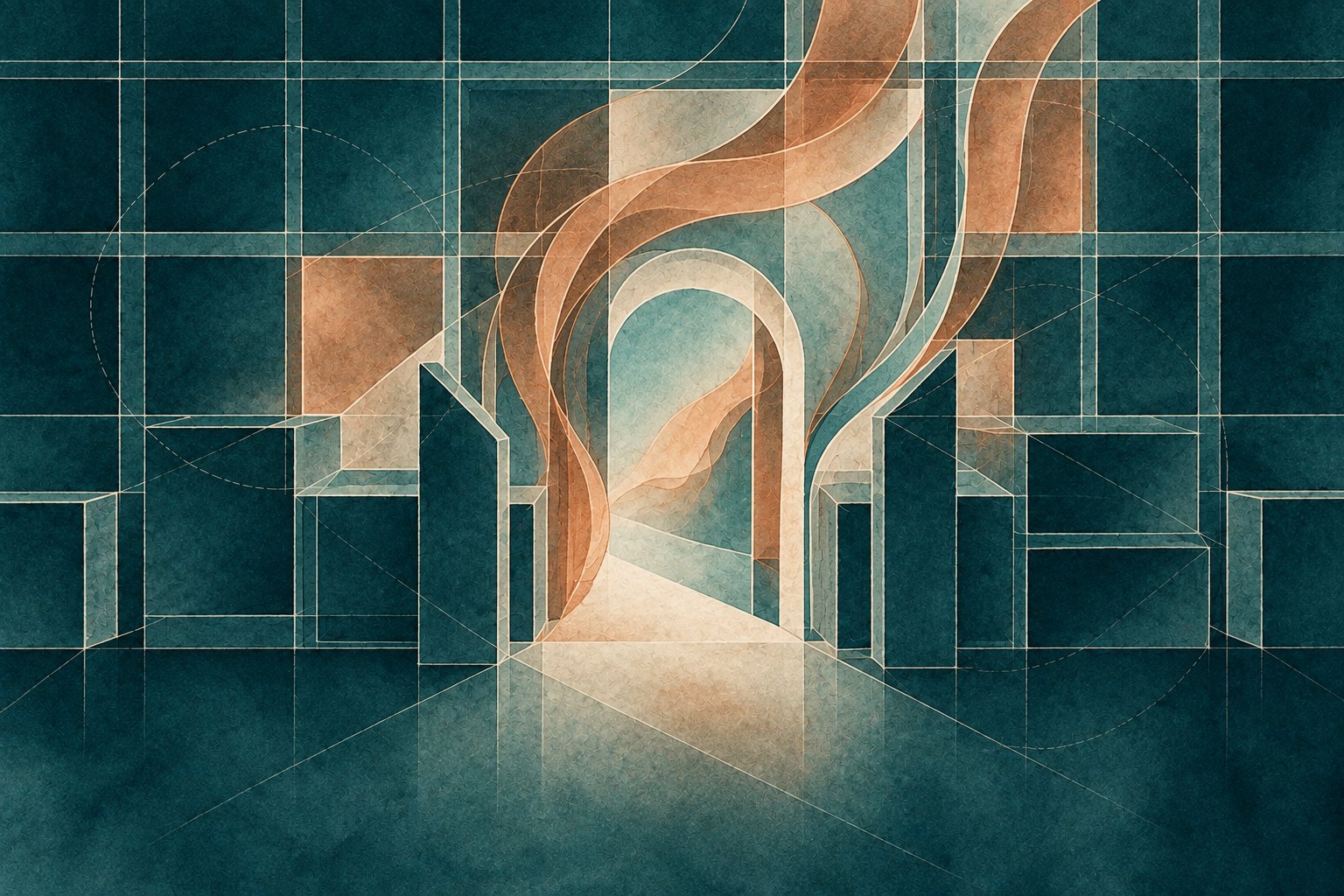 Copper ribbons flow through an open doorway within a grid of learning modules.
