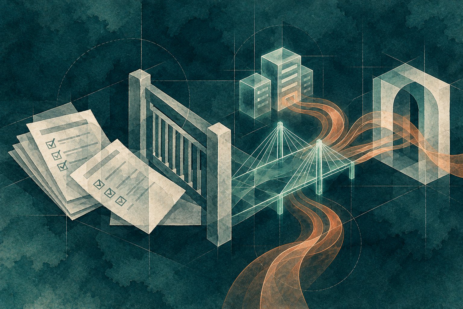 A bridge and copper connections link governance, IT systems and academic delivery.