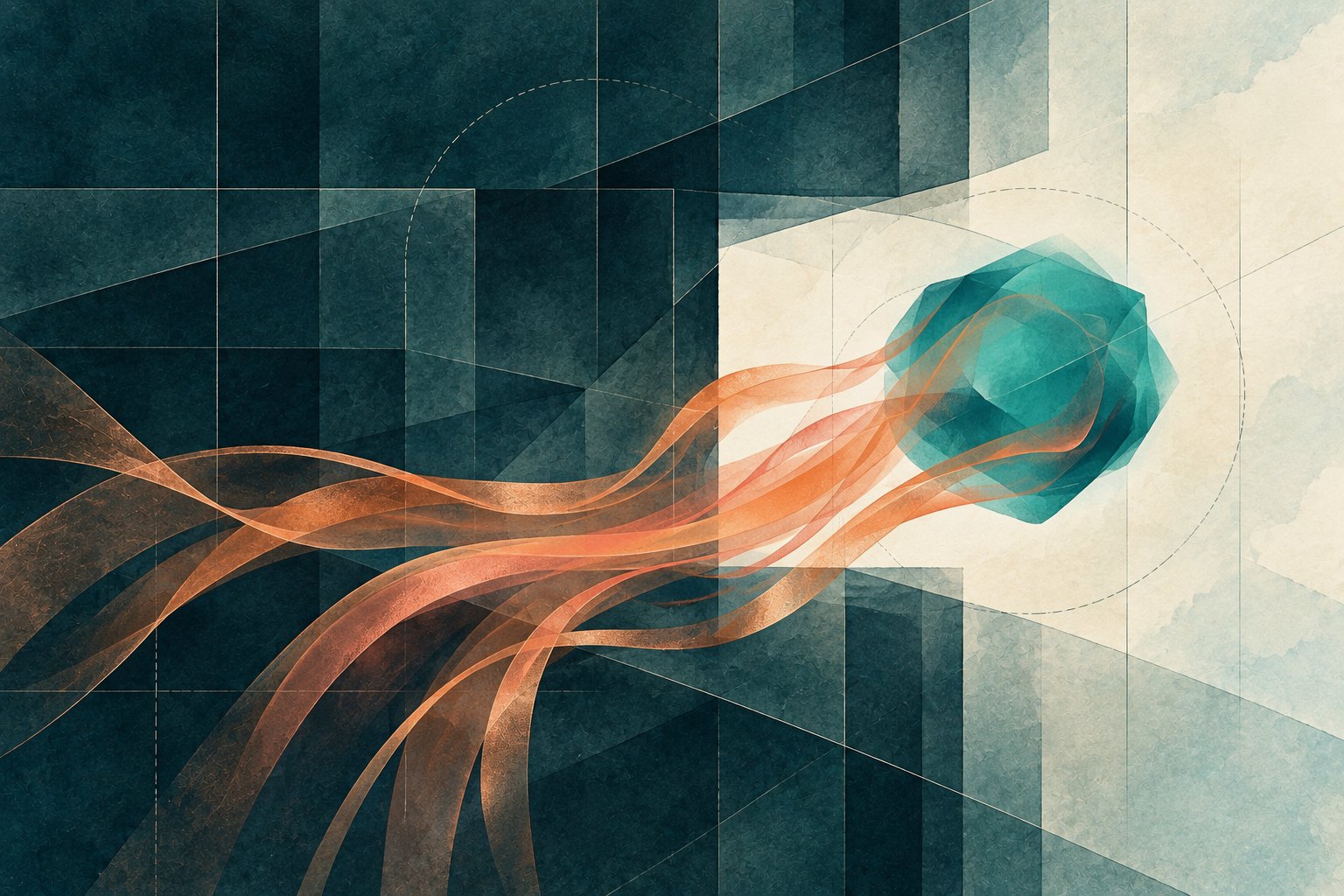 Copper pathways carry a teal module through a narrow gap between layered structures.