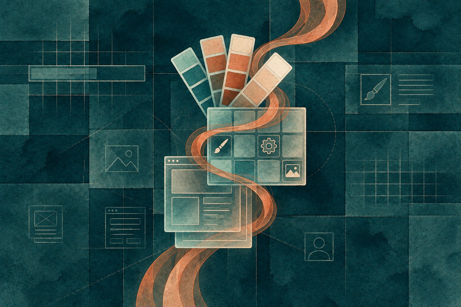 Course panels and design tools arranged around a copper ribbon, illustrating Moodle customisation.