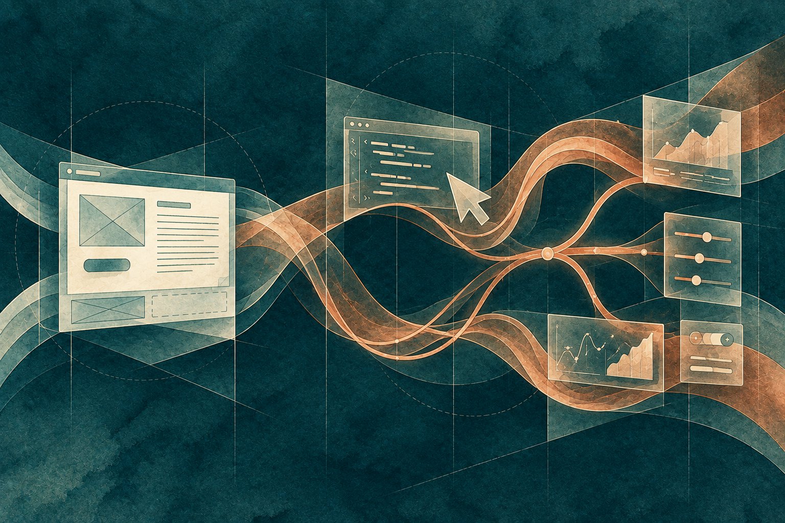 A static course page branches into interactive learning panels along copper paths.