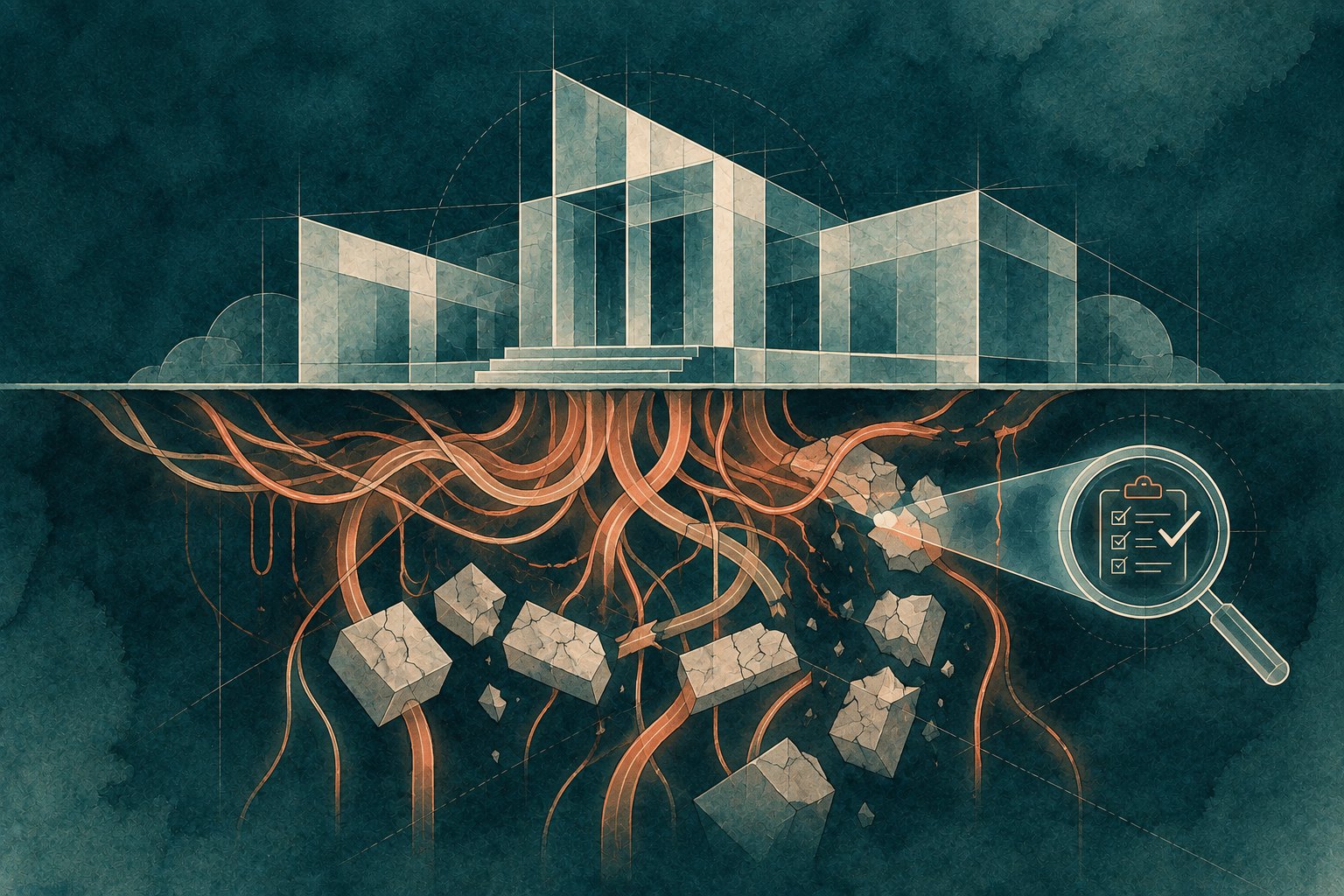 A cutaway reveals fractured technical infrastructure beneath an abstract institution, inspected through a lens.