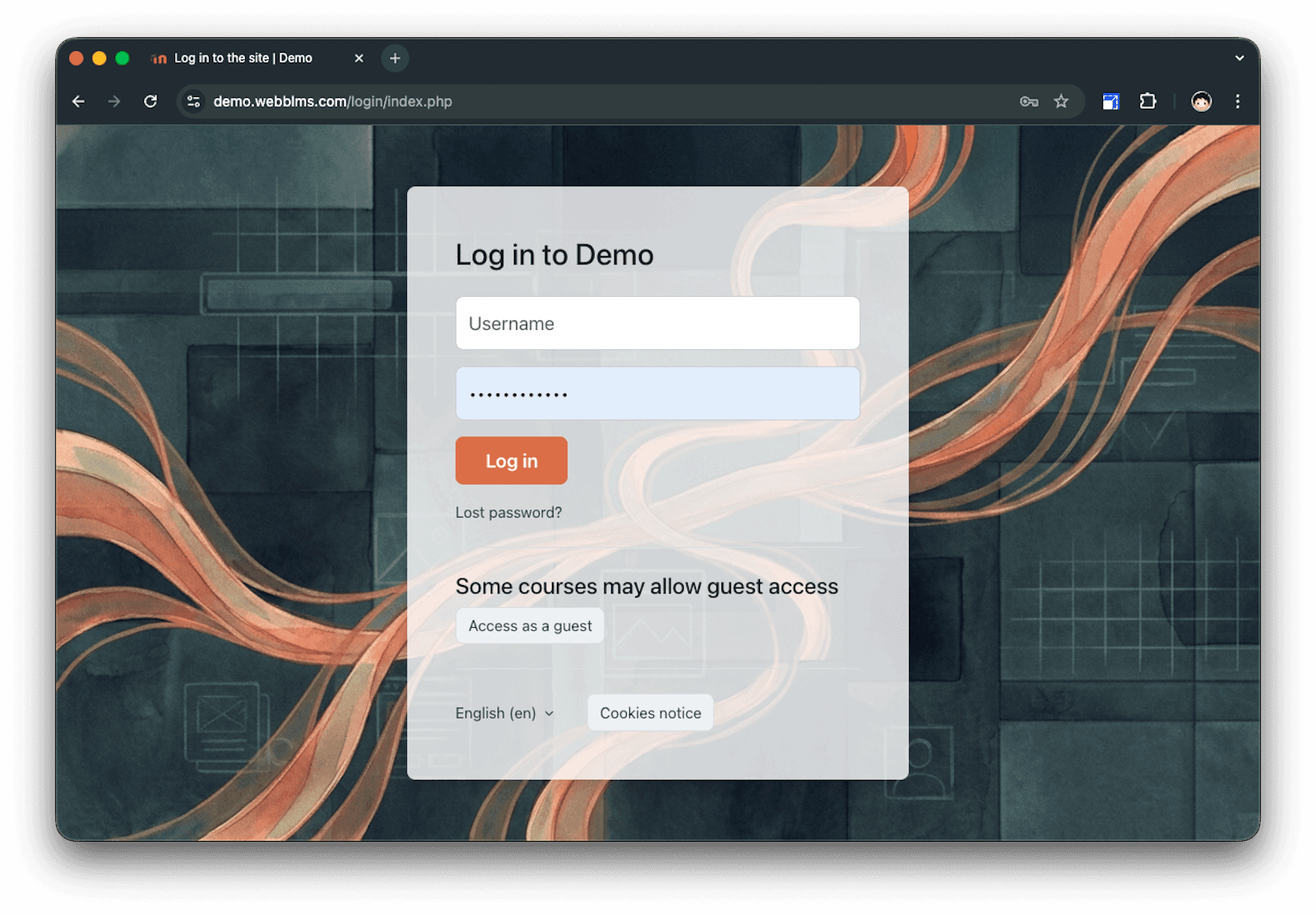 A sleek, modern WebbLMS login screen featuring a custom abstract background and a centered, minimalist login box.