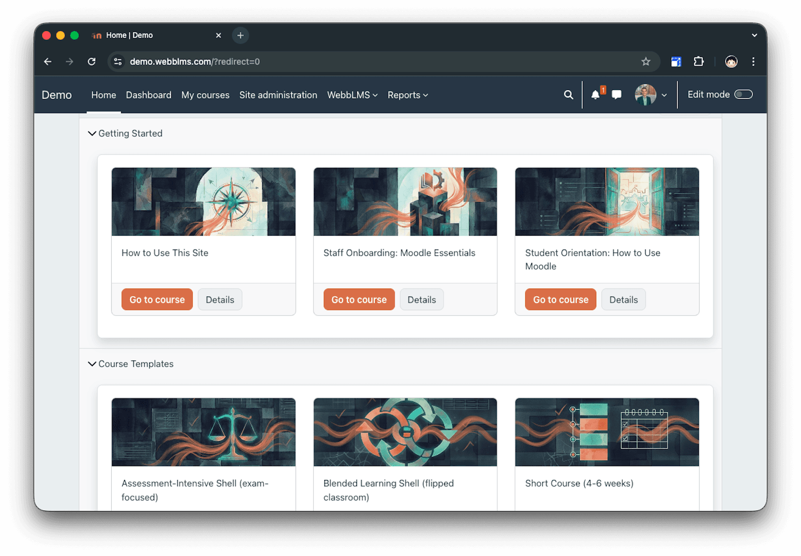 A visual course catalog using a modern card-based layout to categorize "Getting Started" and "Course Templates" with custom icons.