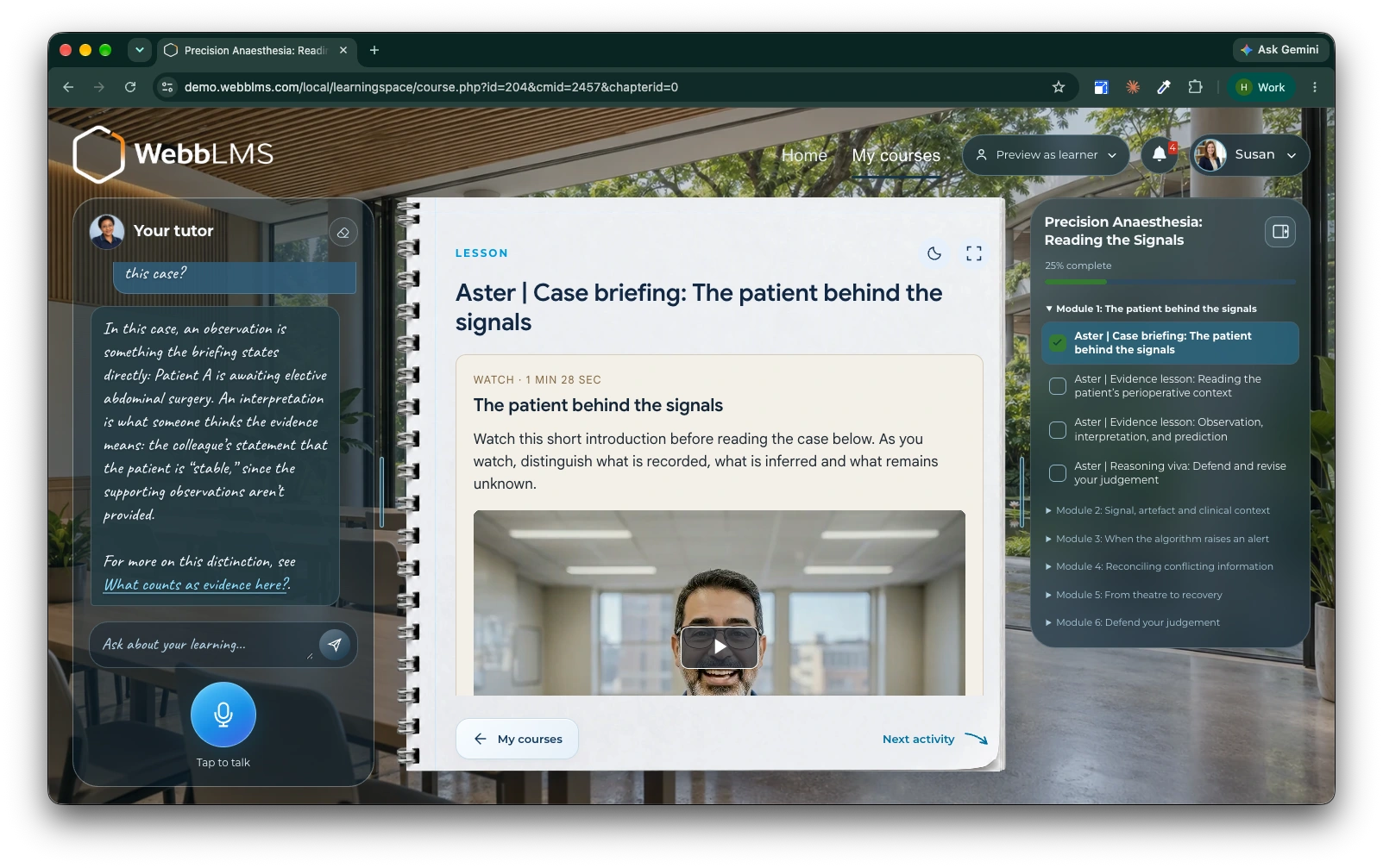 Actual WebbLMS demo interface with a tutor beside a case briefing and course navigation.