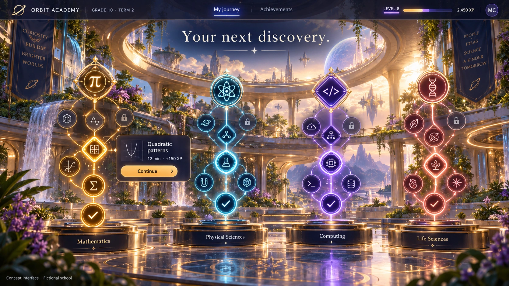 AI-generated concept for fictional Orbit Academy with four colourful STEM skill trees.