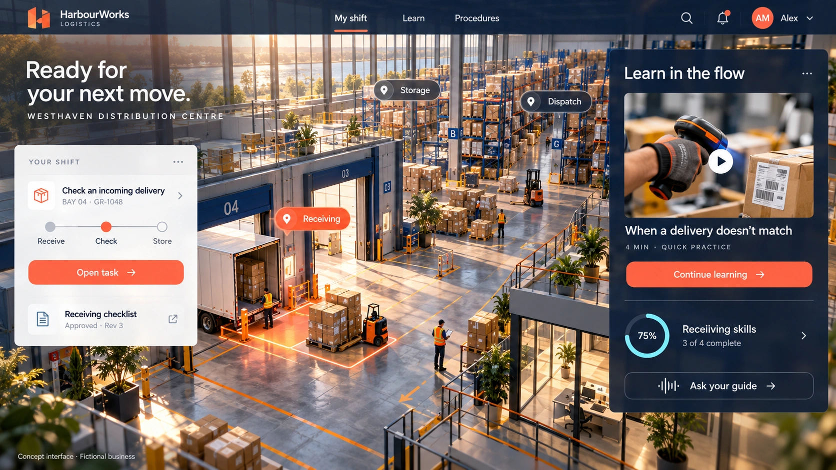 AI-generated concept for fictional HarbourWorks with warehouse tasks, procedures and contextual learning.