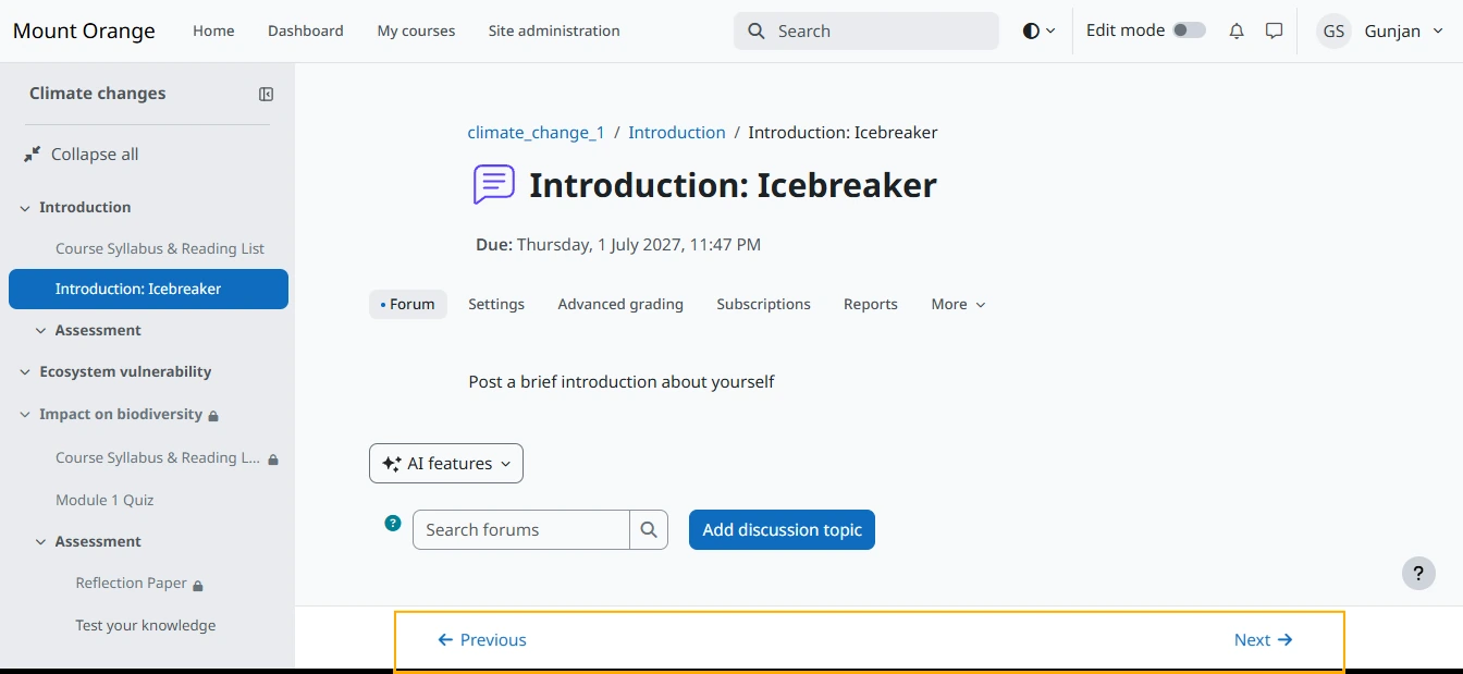 Previous and Next activity navigation in Moodle 5.3.