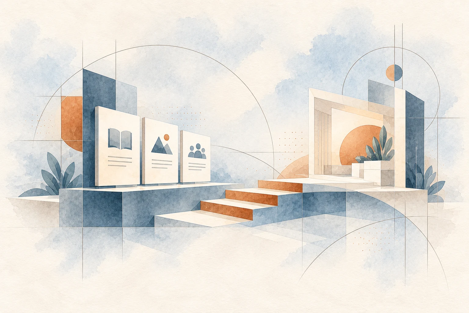 Watercolour illustration of learning panels on a stable foundation, with measured steps leading to a refreshed learning environment.