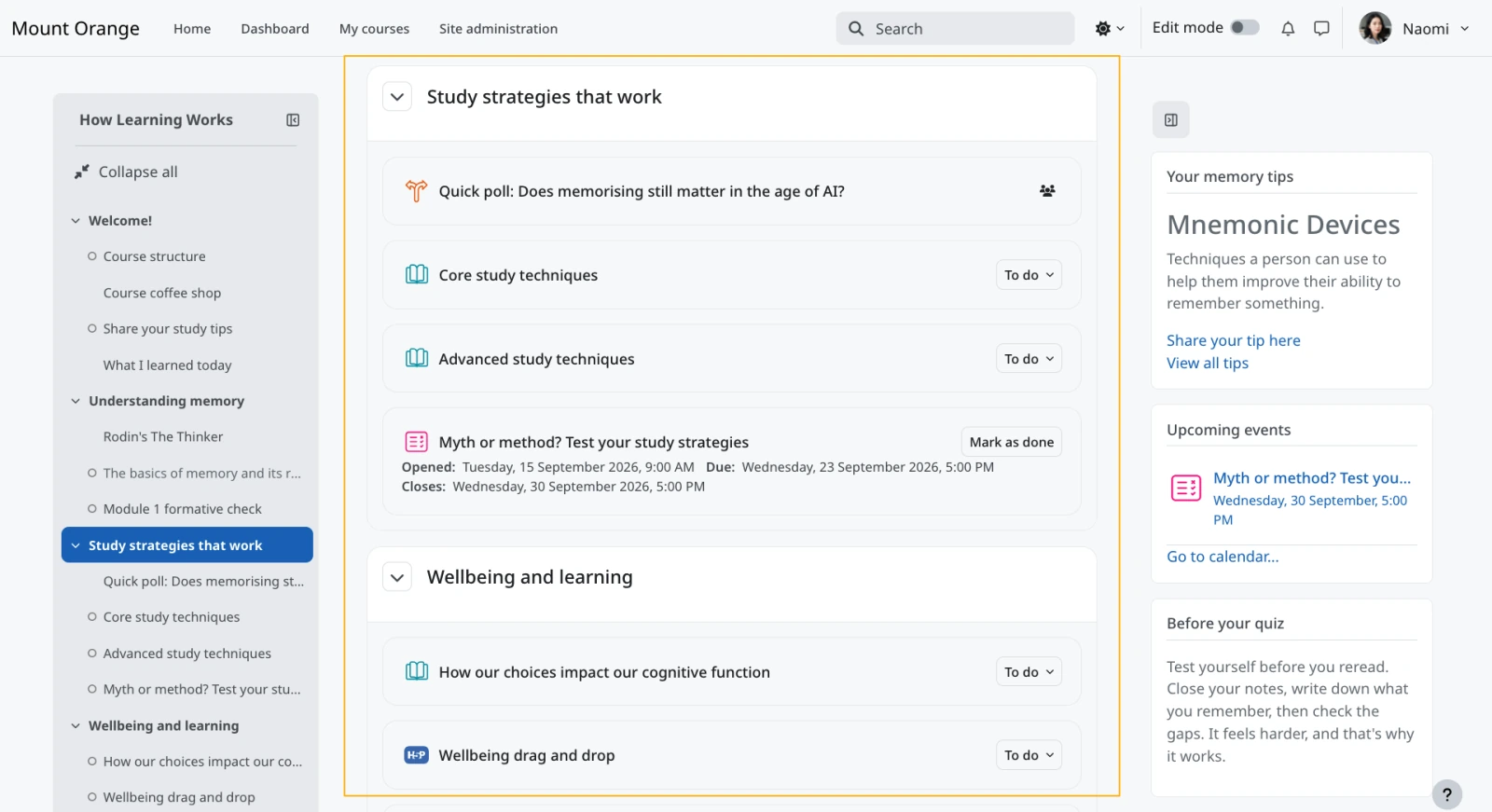 Course index, centred course content and block drawer in Moodle 5.3.