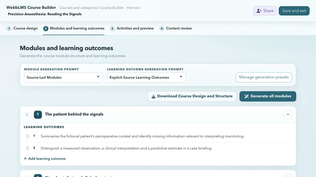 Course Builder showing the full workflow navigation, source-led presets and the learning outcomes for a fictional demonstration module.
