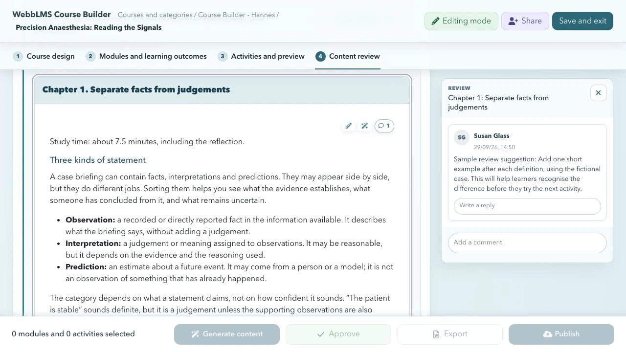 Full Course Builder review interface showing a text lesson, workflow navigation and a sample reviewer suggestion beside the content.