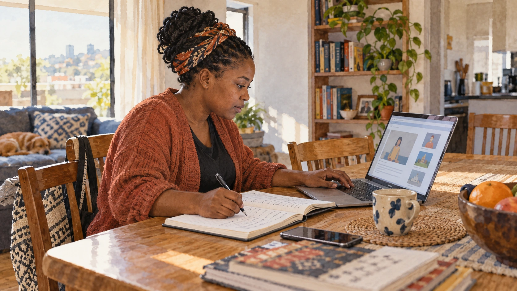 A fictional learner taking notes while studying at her dining table, with both hands engaged in the task.