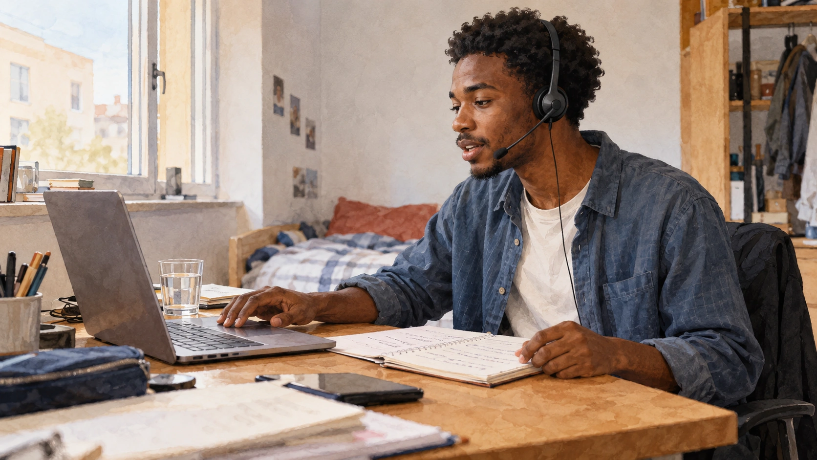 A fictional learner speaking through a headset while working with a laptop and notebook at home.
