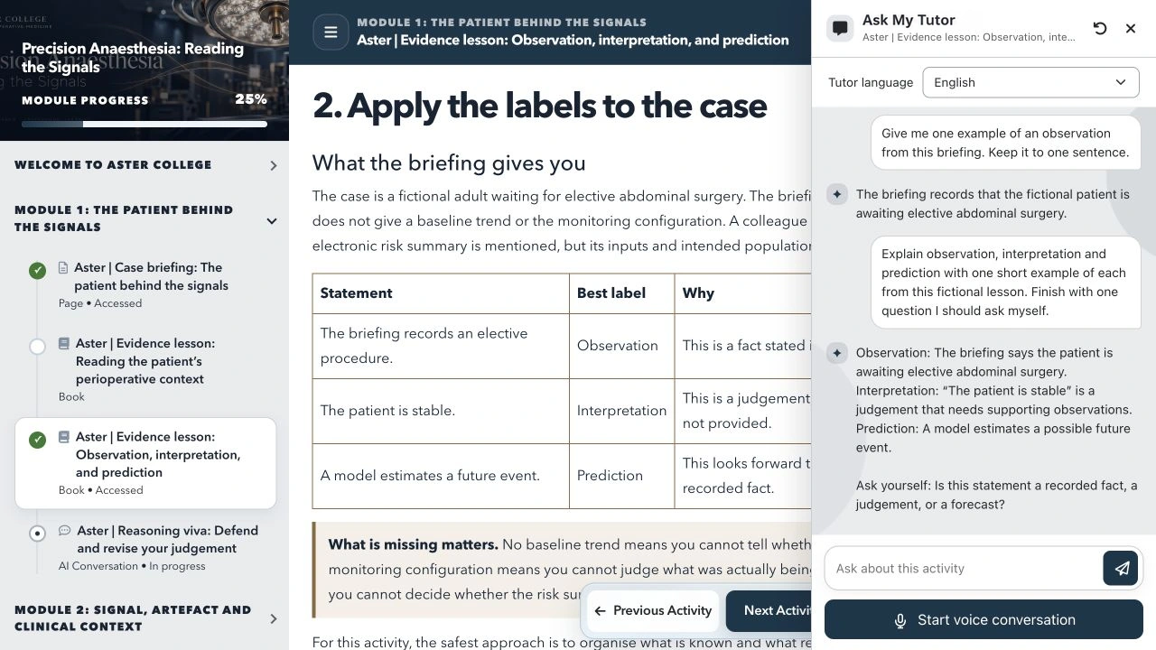 The tutor beside a fictional Moodle lesson, with a continuing chat, language selector and live voice option. This example shows contextual support, not a measured learning outcome.