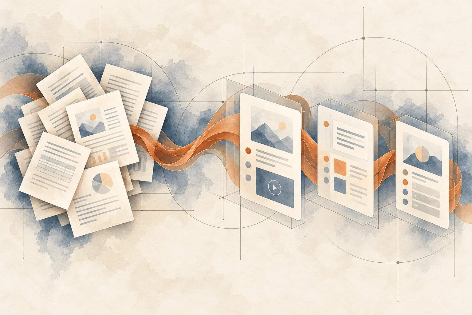 An editorial illustration of source material becoming a structured learning journey
