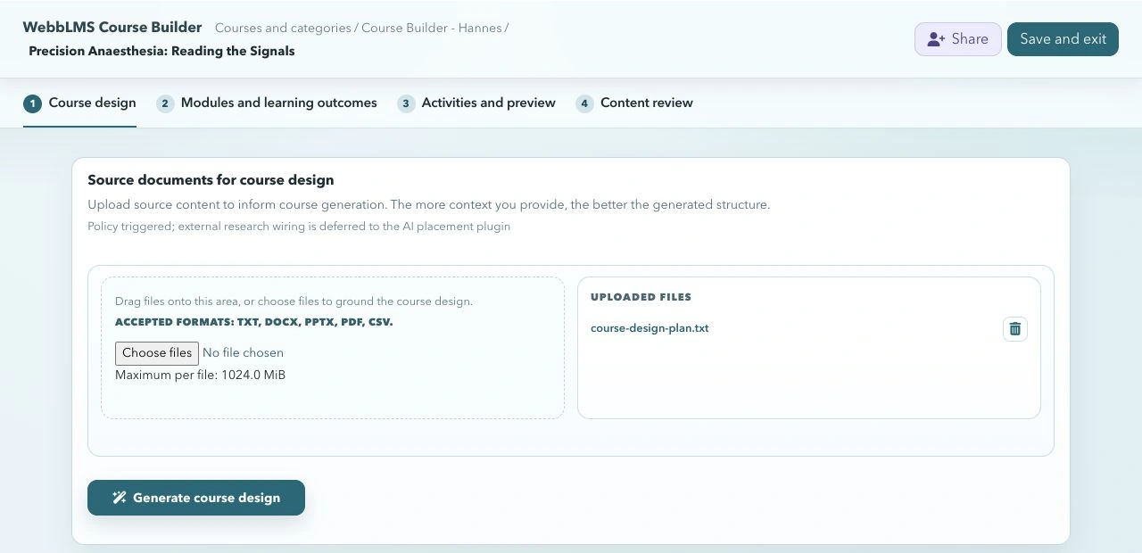 Step 1 of WebbLMS Course Builder, showing source documents and the four-step navigation.